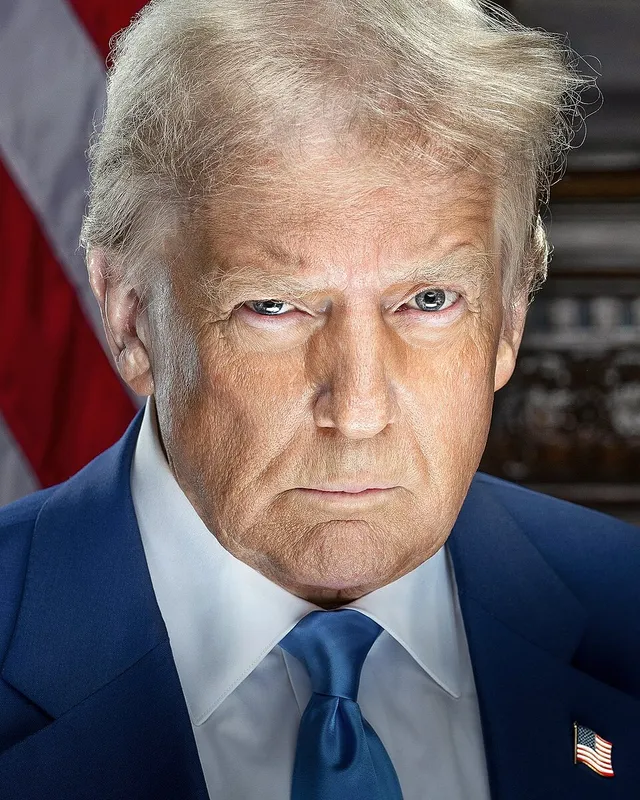 Official 2025 presidential portrait of Donald Trump in a dark suit and red tie.