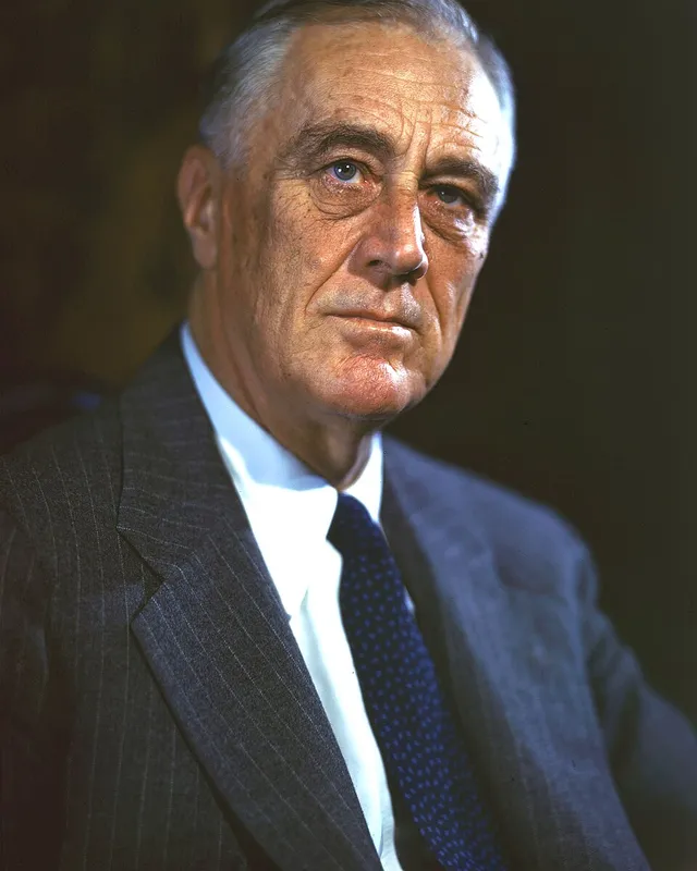 Colour portrait photograph of Franklin D. Roosevelt in 1944.