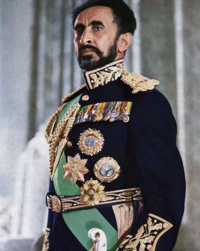 Photographic portrait of Haile Selassie in ceremonial dress.
