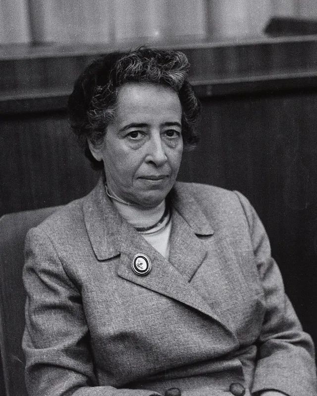 Photograph of Hannah Arendt at a conference in 1958.