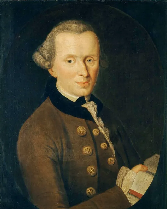 Painted portrait of Immanuel Kant holding a book.