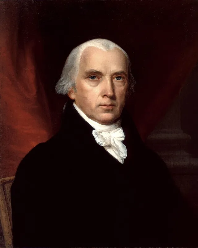 Painted portrait of James Madison in a black coat.