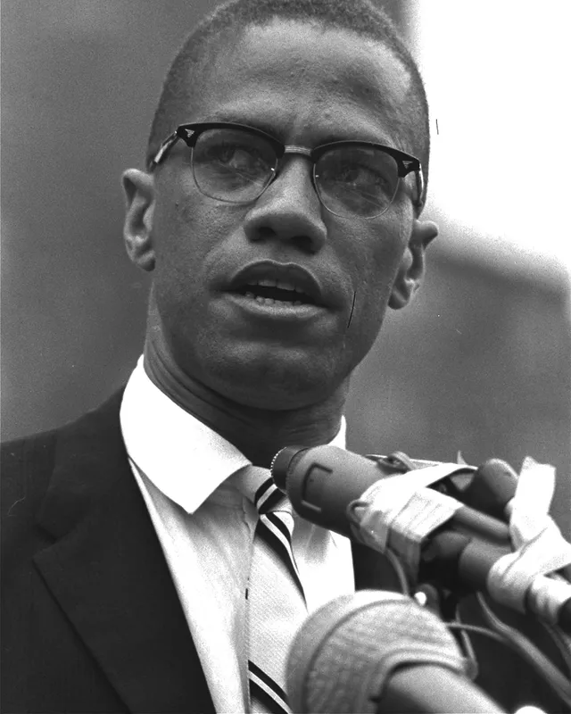 Photograph of Malcolm X speaking at a microphone, 1963.