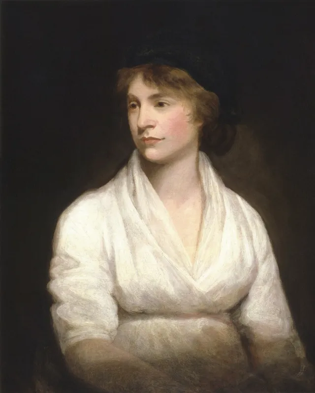 Painted portrait of Mary Wollstonecraft in a white dress.