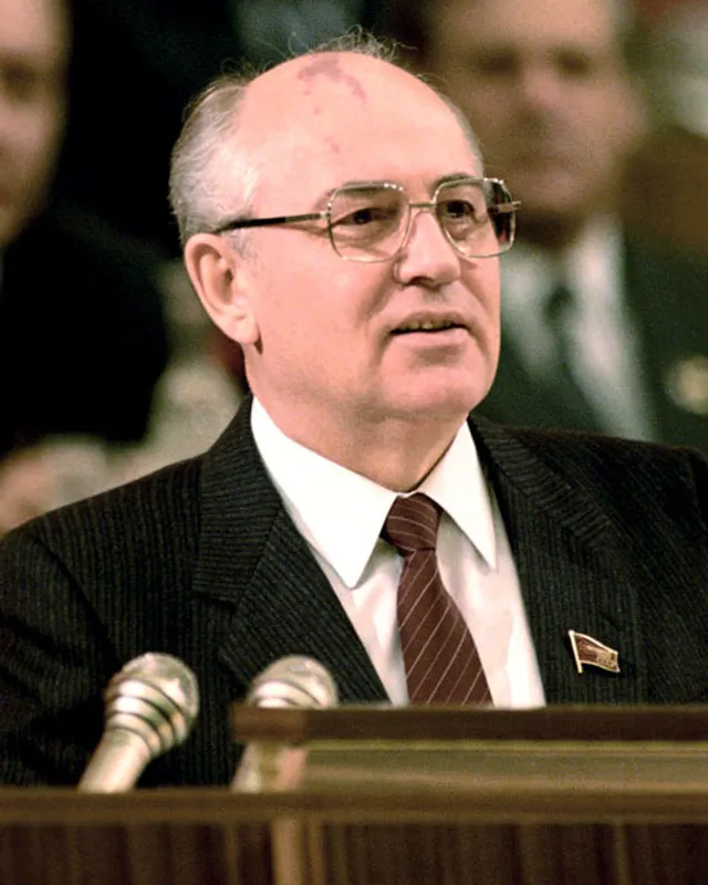 Photograph of Mikhail Gorbachev speaking at a podium.