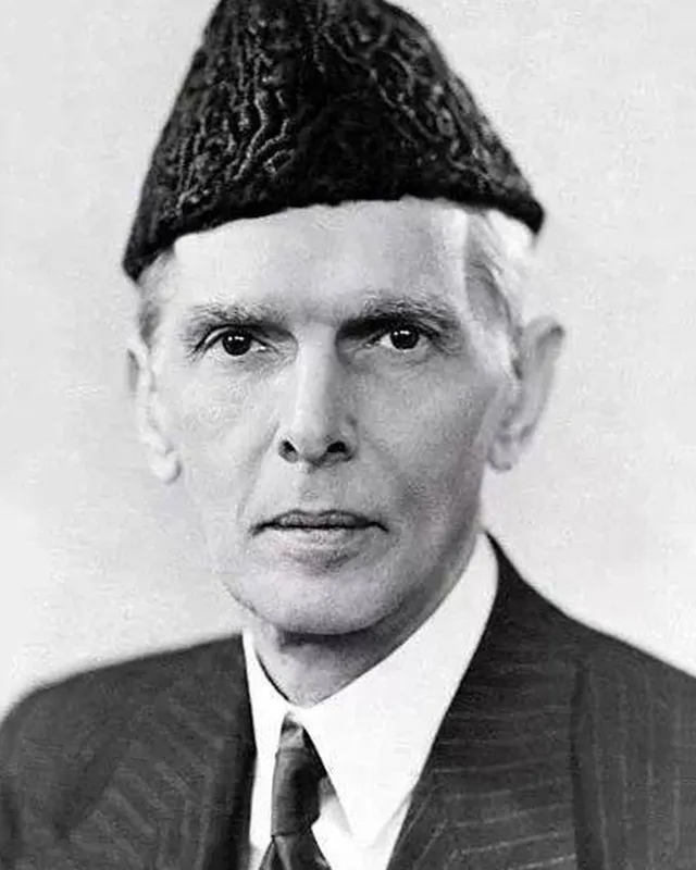 Photographic portrait of Muhammad Ali Jinnah in a karakul cap, c. 1945.