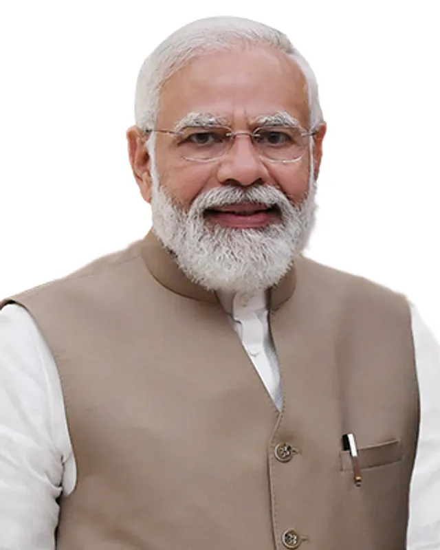 Official portrait photograph of Narendra Modi in a dark waistcoat.