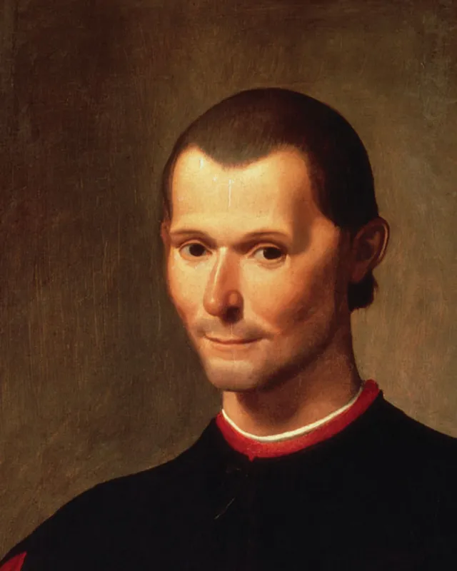 Painted portrait of Niccolò Machiavelli in black and red robes.
