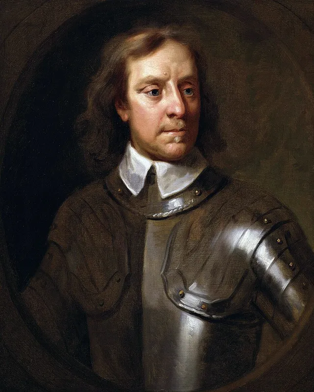 Painted portrait of Oliver Cromwell in armour.