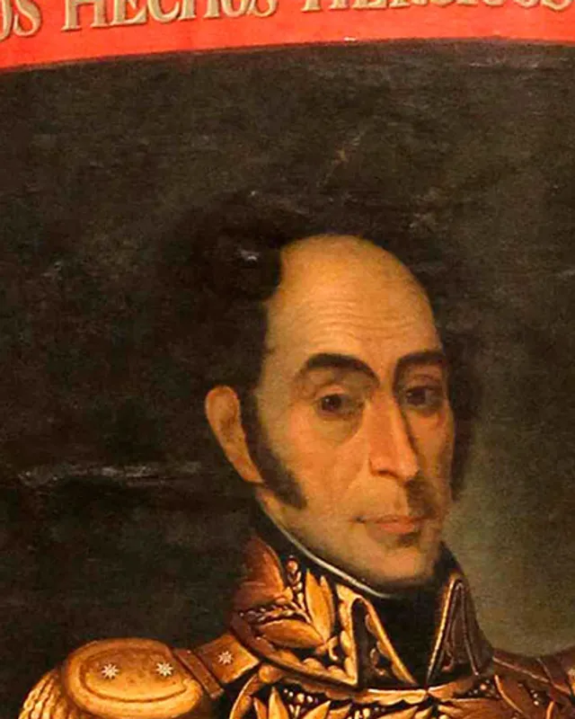 Painted portrait of Simón Bolívar in military uniform.