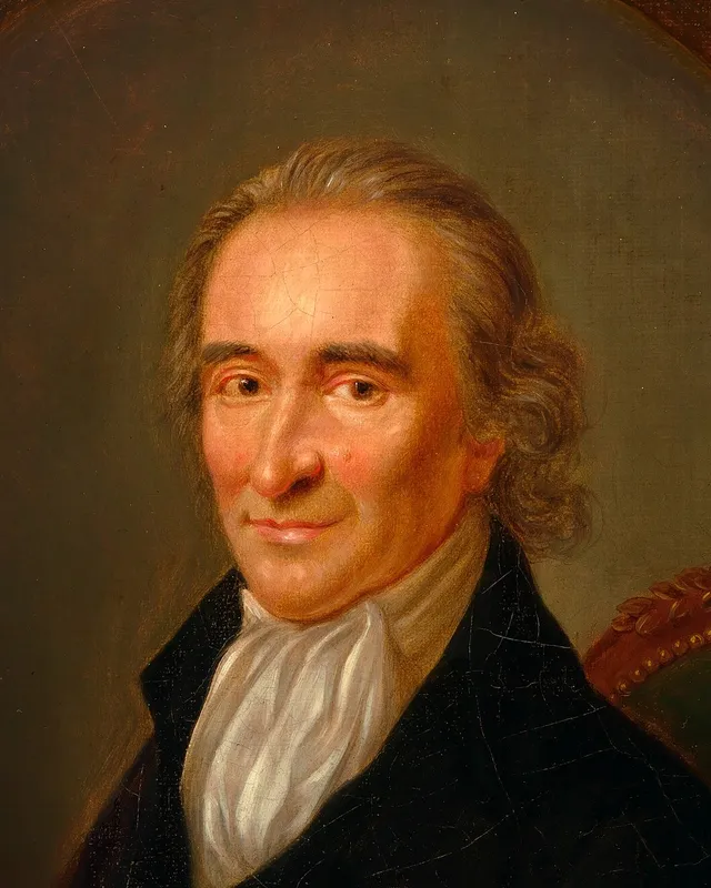 Painted portrait of Thomas Paine in a dark coat.