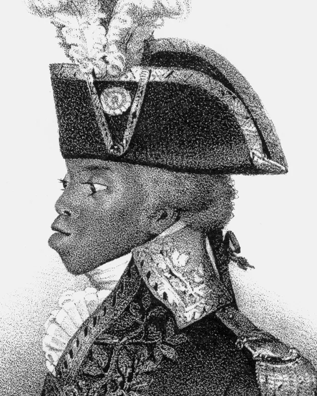 Lithographed portrait of Toussaint Louverture in military uniform and plumed hat.