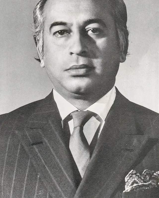 Photographic portrait of Zulfikar Ali Bhutto in a suit.